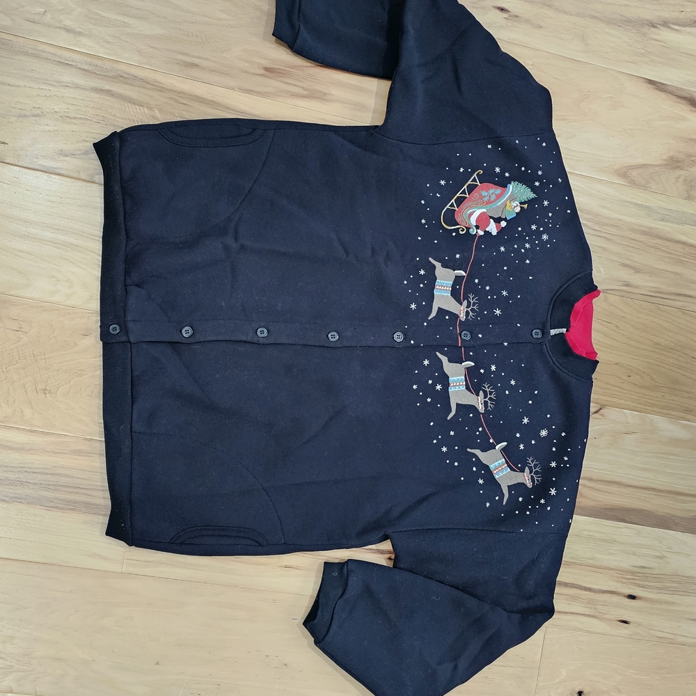 VTG Orvis Button Up Christmas Sweatshirt Black Red Santa Reindeer Womens XXL